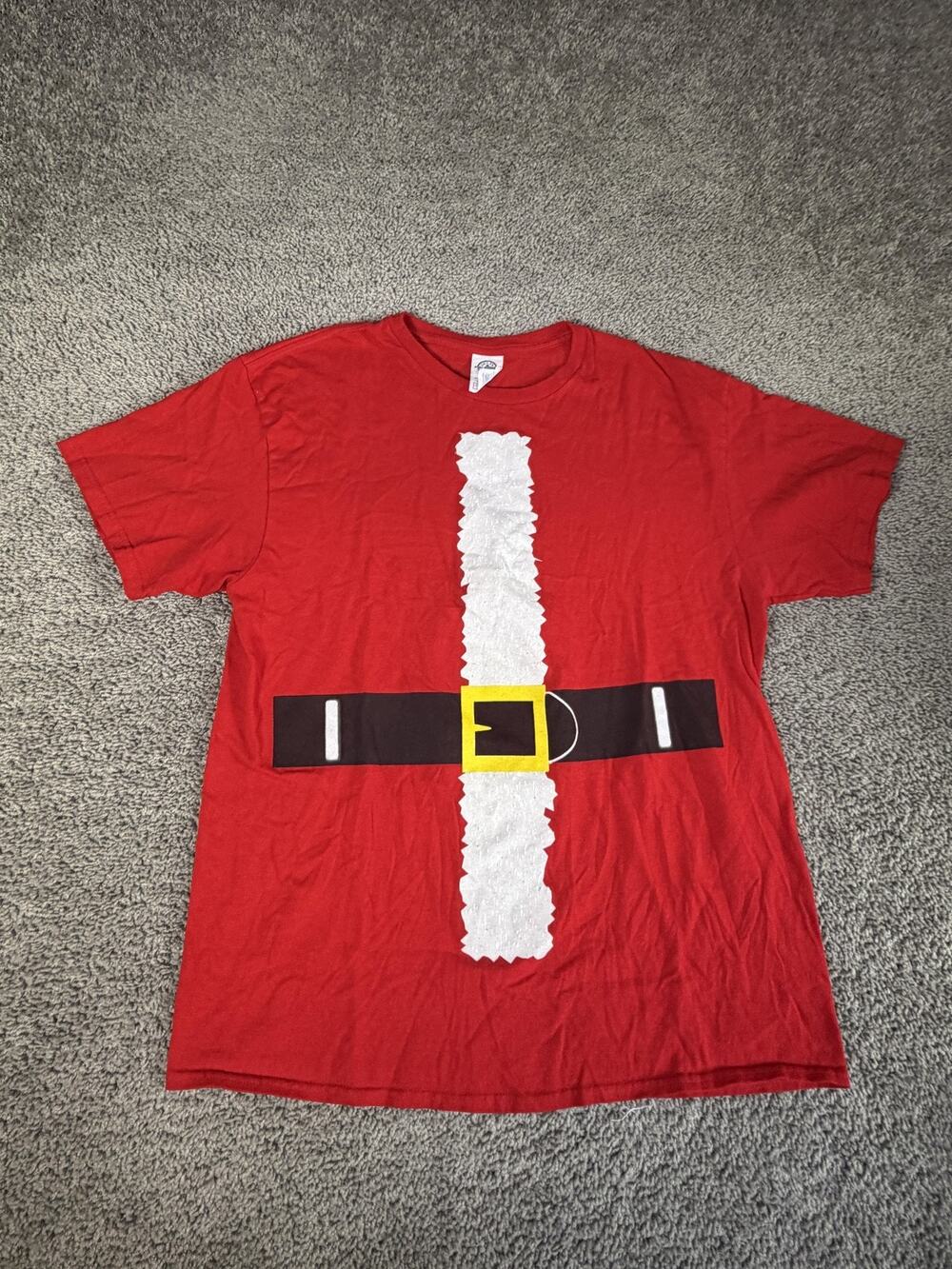 Santa Shirt Mens L Red Santa Claus Belt Graphic Crew Neck Cotton Tee Delta